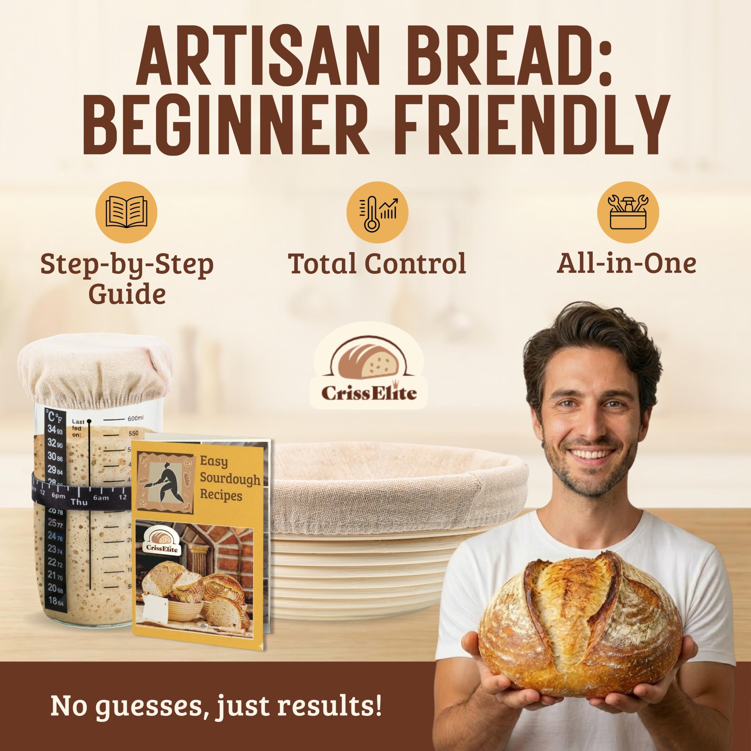 Sourdough Starter Kit for Beginners – 9” Banneton Bread Proofing Basket with 24oz Glass Sourdough Starter Jar & Sourdough Bread Baking Supplies, Easy No-Fail Kit, Gift for Home Bakers