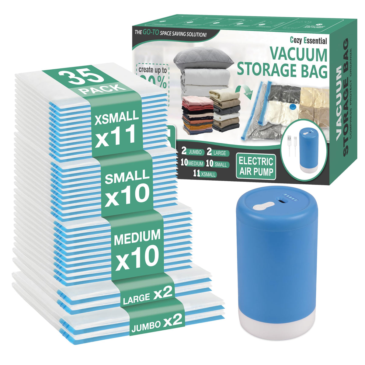 Travel Vacuum Storage Bags with Rechargeable Cordless USB Pump, 30 Combo
