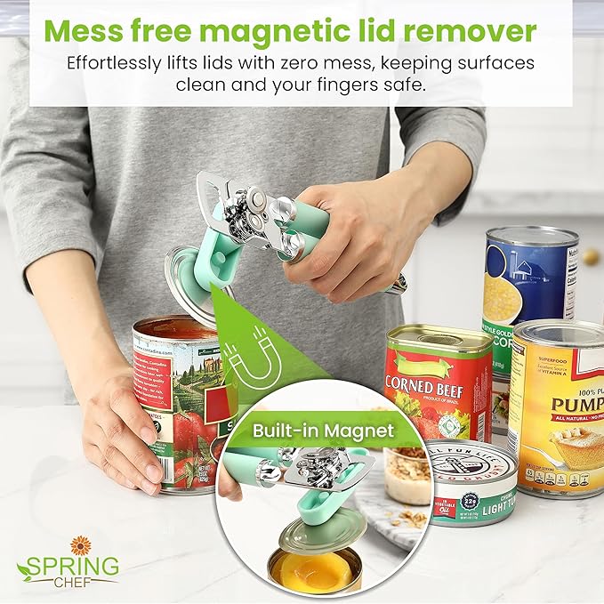 Spring Chef Stainless Steel Manual Can Opener with Soft Grip Handles, Mint
