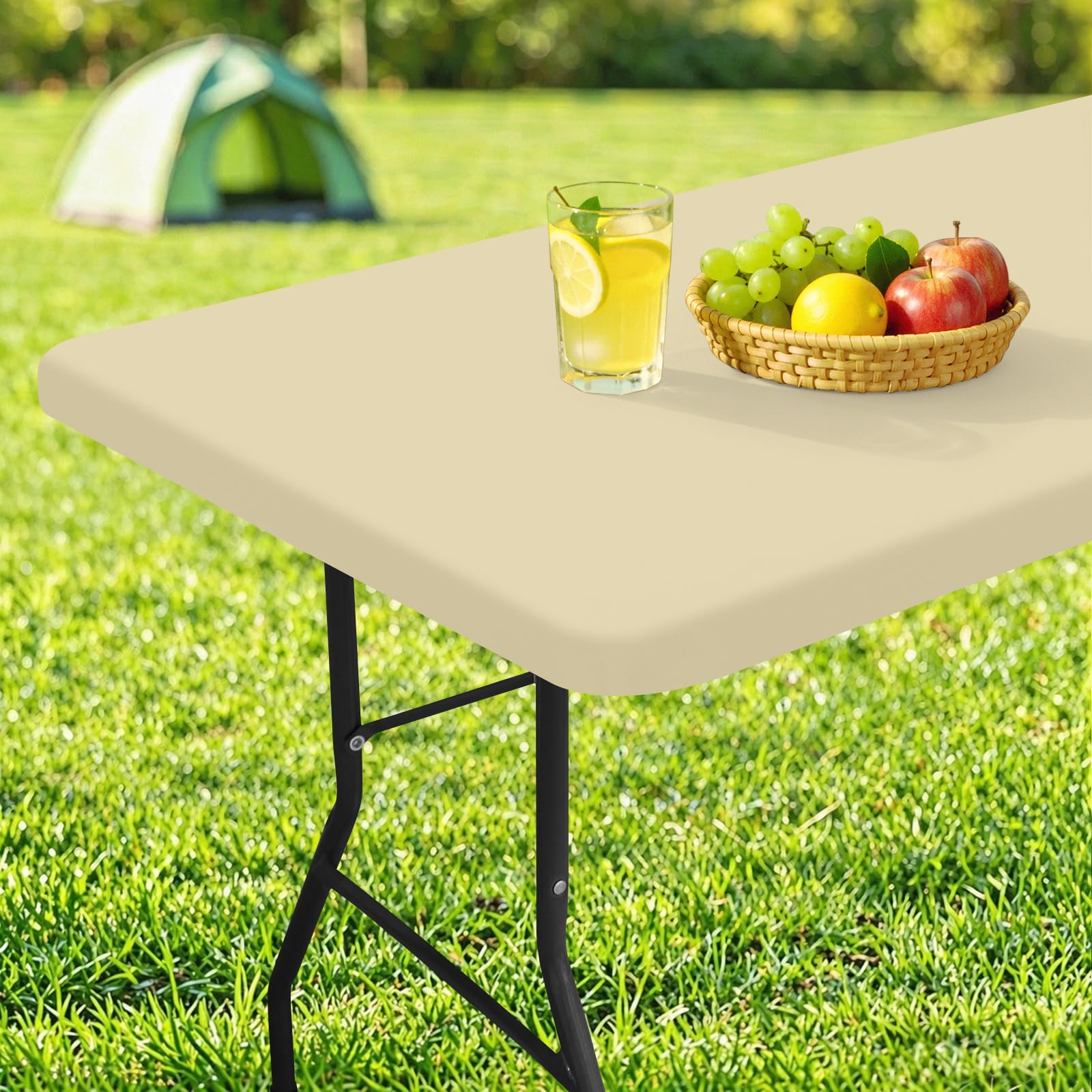 homing Rectangle Table Cloth Cover, Water-Resistant Polyester Elastic Fitted Tablecloth, Fits for 5 Foot Folding Tables, Washable Table Protector for Picnic, Camping, Outdoor (Champagne, 30" x 60")