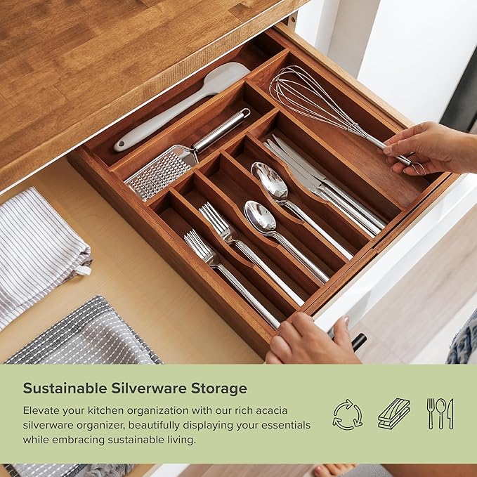 KitchenEdge Silverware & Utensil Drawer Organizer, 16-28 in, Acacia