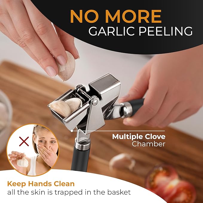 ORBLUE Garlic Press and Peeler Set, Stainless Steel - Professional Grade Mincer, Crusher - Dishwasher Safe & Rust-proof, Black