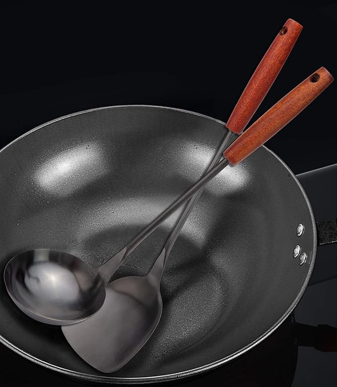 Stainless Steel Wok Utensil - 14.2 Inch Rust Proof Soup Ladle With Ergonomic Wooden Handle - Serving Spoon For Cooking, Gravy, Sauces, and More