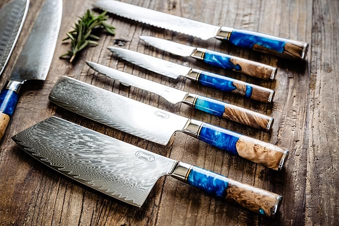The Epicurean Cook Real Forged Damascus 8pc Japanese-Style Knife Set Blue