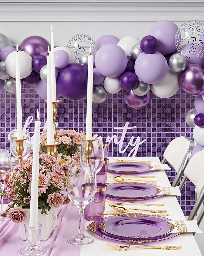 Nervure 350Pcs Purple Plastic Plates, Plastic Dinnerware Set for 50 Guests