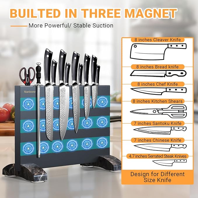 Nanbone Black Magnetic Knife Block Stand Without Knives Black Double Sided Magnetic Knife Holder Rack for Kitchen Counter Stainless Steel Knife Magnetic Strip Display Stand Storage Organizer