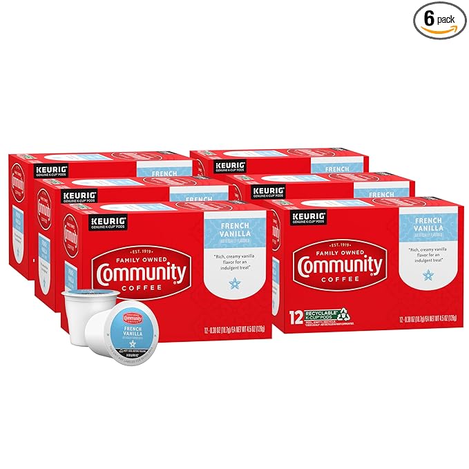Community Coffee French Vanilla Flavored 72 Count Keurig K-Cup Coffee Pods, Medium Roast, 12 Count (Pack of 6)