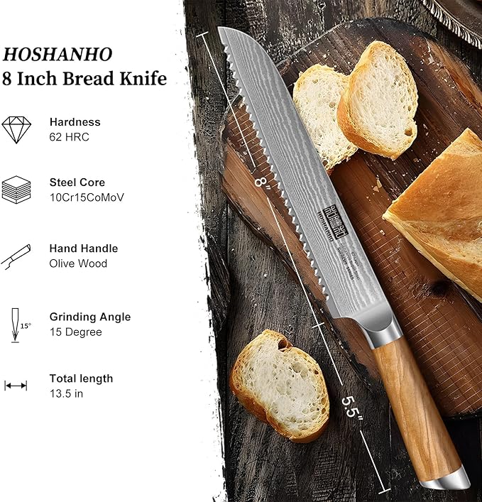 HOSHANHO Damascus Bread Knife 8", Sharp Serrated for Homemade Sourdough