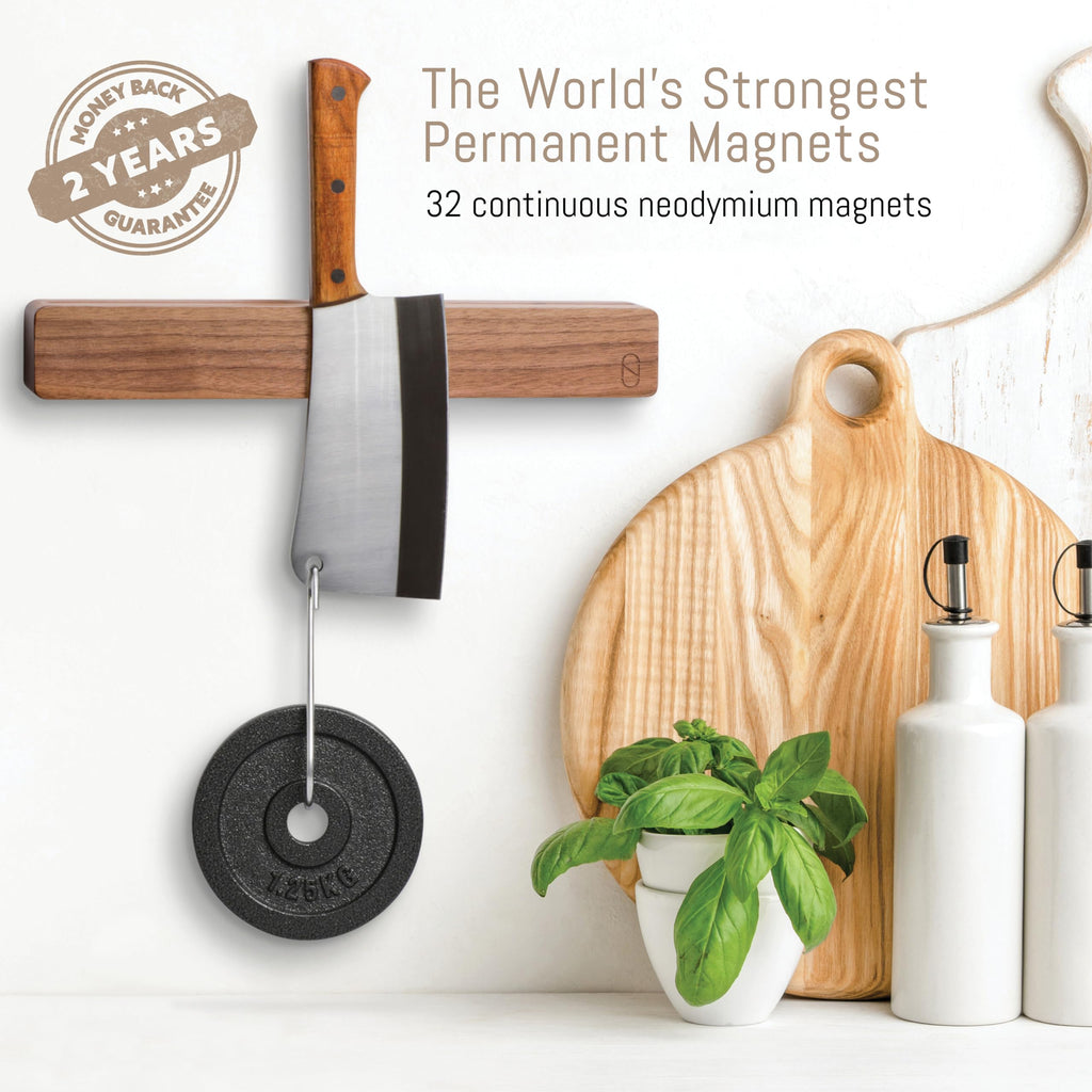 Walnut 16 inch Magnetic Knife Holder for Wall with 2x Storage & Charming Wood - Knife Magnetic Strip, Under Cabinet Magnet Knives Storage - Magnet Strip Rack Kitchen Utensil Holder Organizer Tool
