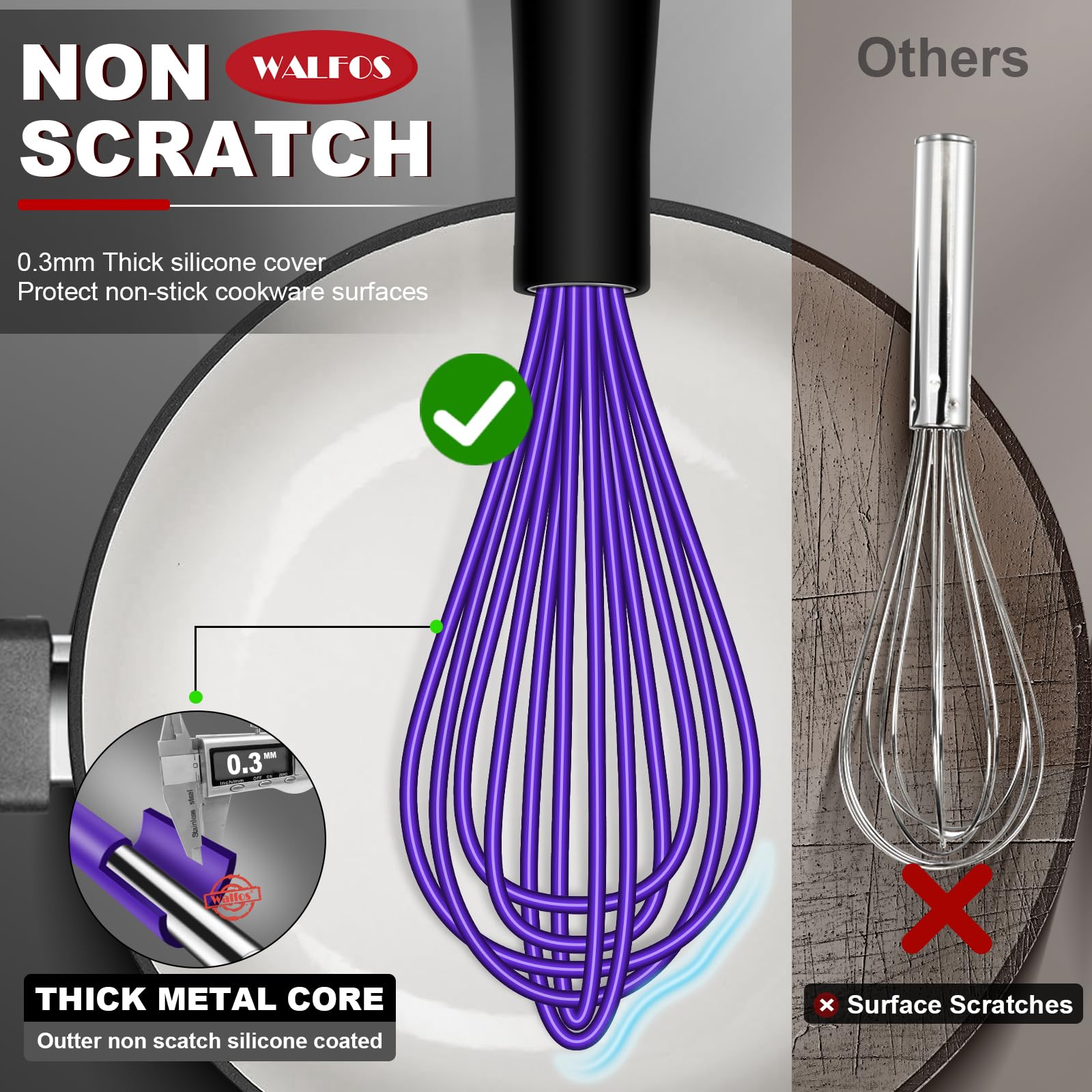 Walfos Whisk,7+9+11in Silicone whisk, BPA free Whisks for Cooking Non Scratch. Heat Resistant(480°F) Wisk. Perfect for Blending, Mixing, Beating etc.Dishwasher Safe.Set of 3 (Colorful)