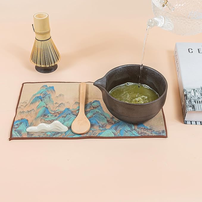 Matcha 7-Piece Set, Japanese Matcha Ceremony Kit with Chawan Bowl, Bamboo Whisk and Strainer, Great Gifts for Mom, Grandma, Wife, Women, Birthday, Mother’s Day, Graduation, Home Decor(Black)