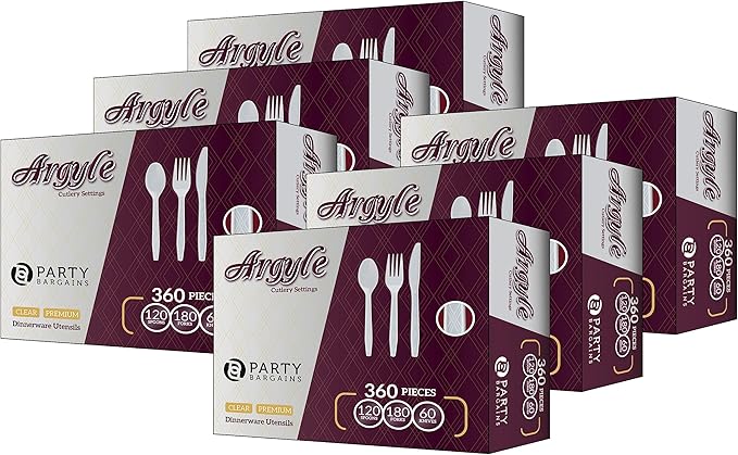 Party Bargains White Plastic Cutlery 2160 pcs: 1080 Forks, 720 Spoons, 360 Knives. Argyle Design, Heavy Duty & Solid Disposable Silverware Utensils Combo Pack Set for Weddings, Buffets, Luncheons