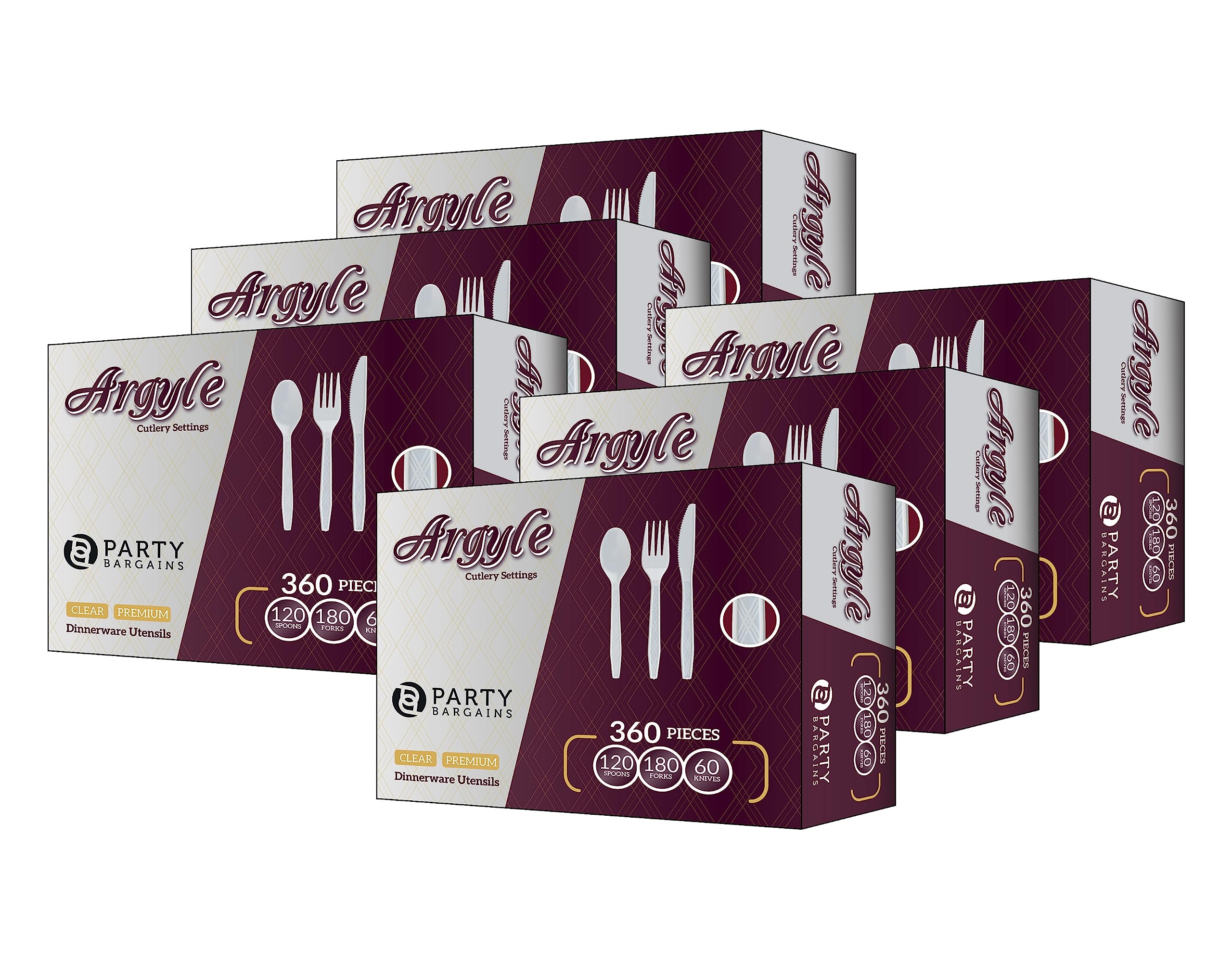 Party Bargains White Plastic Cutlery 2160 pcs: 1080 Forks, 720 Spoons, 360 Knives. Argyle Design, Heavy Duty & Solid Disposable Silverware Utensils Combo Pack Set for Weddings, Buffets, Luncheons