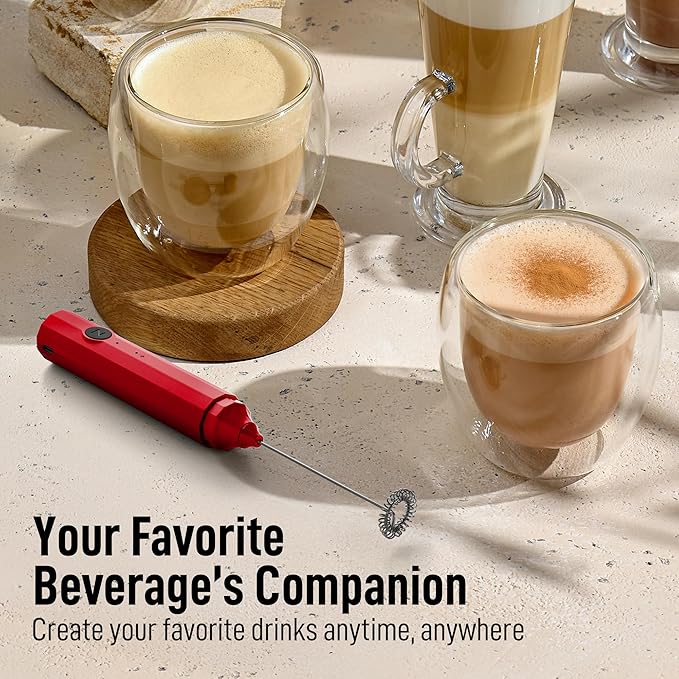 Zulay Froth N Go Milk Frother – Rechargeable 3-in-1 Handheld Frother Wand with Travel Case & USB-C Charger – Single, Double & Egg Whisk for Latte, Cappuccino, Matcha, Protein Shakes - Ember Red