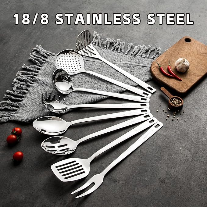 MAXCOOK 18/8 Stainless Steel Cooking Utensil set, 8 Pieces Dishwasher Safe
