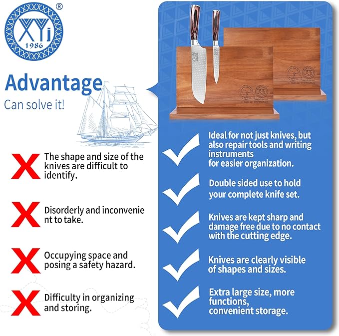 XYJ Magnetic Knife Block, Acacia Wood Knife Holder with Strong Magnets
