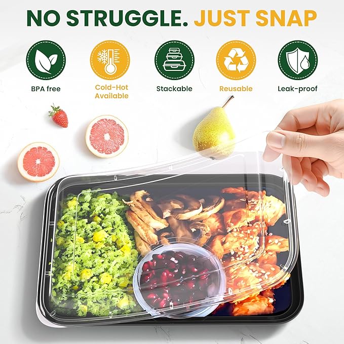 Geisoun 28oz Meal Prep Containers [50-Pack], Reusable Bento Box with Easy-Snap Leakproof Lids - Microwave, Dishwasher & Freezer Safe Food Storage, BPA-Free Plastic Lunch Containers (Black)