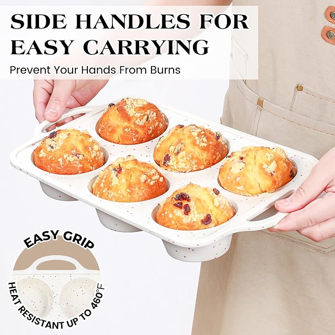 AOTASO Jumbo Muffin Pan with Metal Frame Nonstick 6 Cup Extra Large Silicone Cupcake Pan for Baking, Deep Jumbo Muffin Tray for Egg Bites Muffins, Confetti Color Cream Gifts for Mom Home Baker（1 Pc）