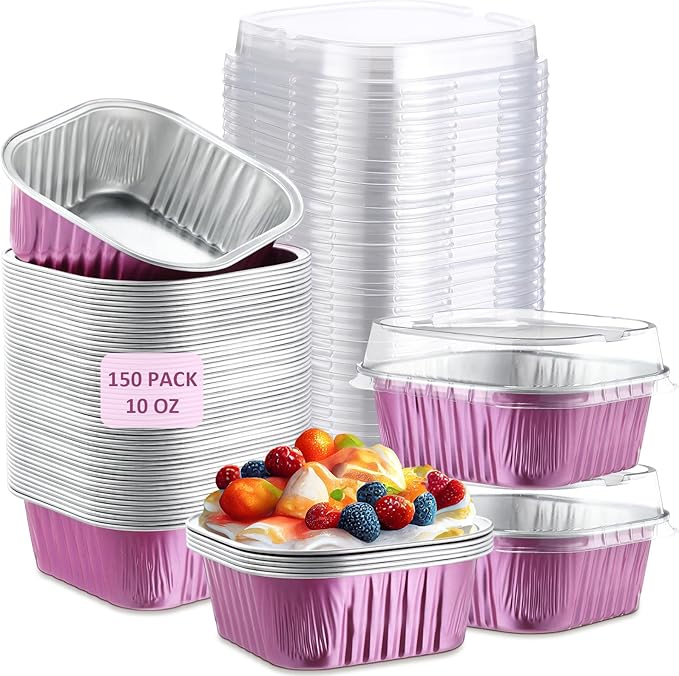 Aoriher 150 Pcs 10 oz Mini Cake Pans with Lids Aluminum Foil Baking Cup Disposable Square 4 x 4 Large Baking Tin, Muffin Pan Cheesecake Kitchen Brownie Pudding Desserts Holder(Rose Red)