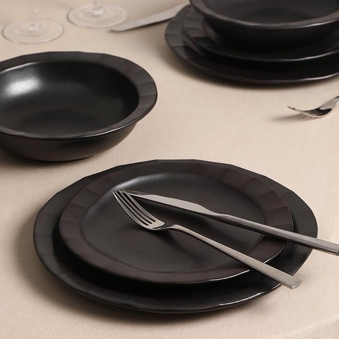 Stone Lain Oasis Stoneware Plate Dish Set, 4-Piece Dinner Plates - Ceramic Serving Dishes for 4 People - Microwave & Dishwasher Safe, Black
