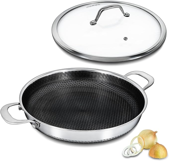 Bakoniion Hybrid Nonstick Skillet with Lid 12 Inch, Stainless Steel Paella Pan with Two Handles Multi-Functional Pan Dishwasher and Oven Safe