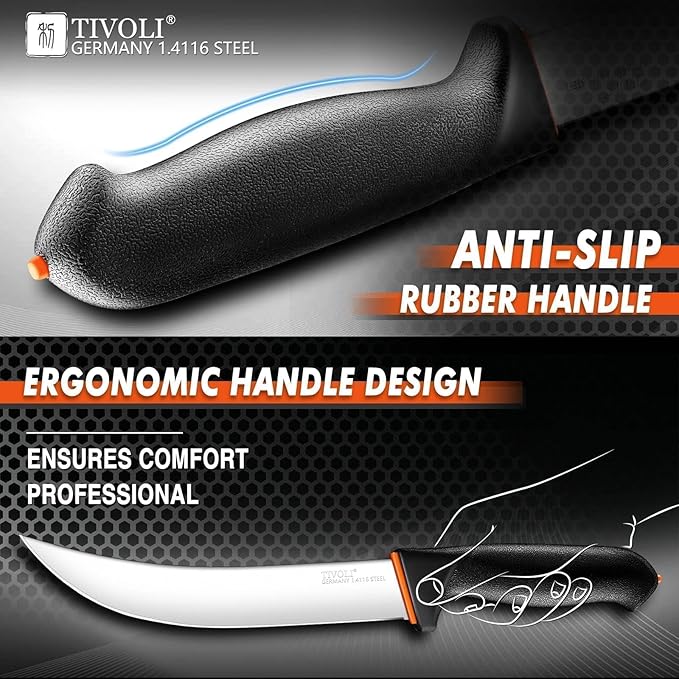 TIVOLI Butcher Knife Set 6 pcs - Game Processing Knife Set 7" Sharpener Rod