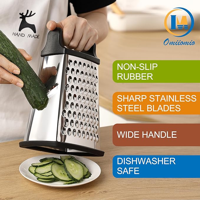 OIM Omiiomio Professional Cheese Grater - Stainless Steel, XL Size, 4 Sides - Perfect Box Grater for Parmesan Cheese, Vegetables, Ginger - Dishwasher Safe - Black