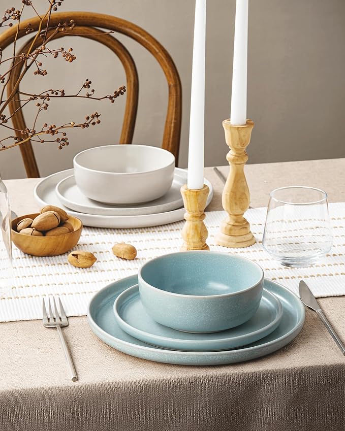 Famiware Milkyway 12-Piece Dinnerware Set, Matte Beige White & Light Blue