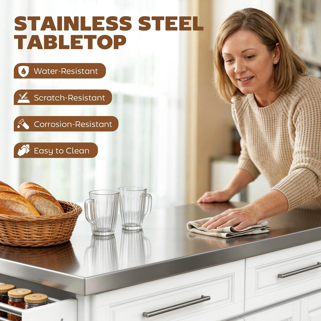 HOMCOM Rolling Kitchen Island Cart with 47" Stainless Steel Top White