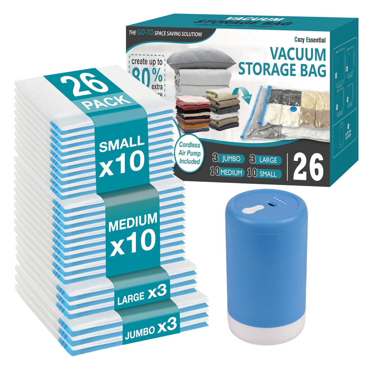Travel Vacuum Storage Bags with Rechargeable Cordless USB Pump, 30 Combo