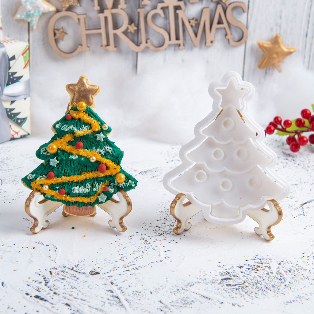 Flycalf Christmas Cookie Cutters Xmas Tree Shapes with Plunger Stamps Holiday PLA Baking Accessories Cutter Molds Gifts Decorative Party 3" Kitchen Cake Supplies