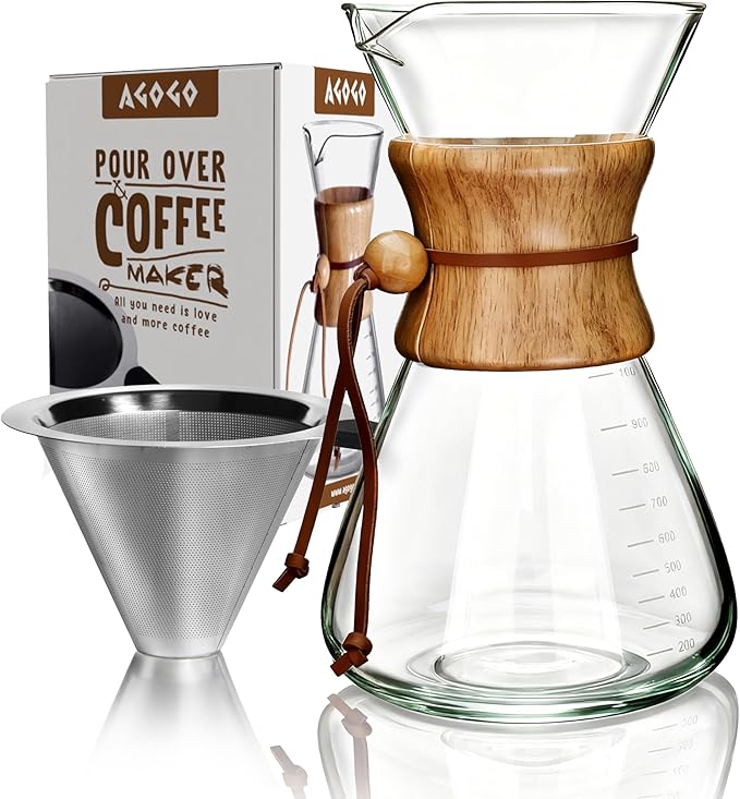 AGOGO Pour Over Coffee Maker Set, 34oz Slim Style, 304 Stainless Filter
