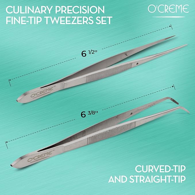 O'Creme Stainless Steel Tweezer Tongs, Curved & Straight 2-Pack