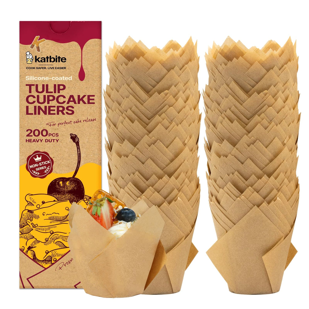 Katbite Tulip Cupcake Liners 200PCS, Standard Size Muffin Baking Cups Brown