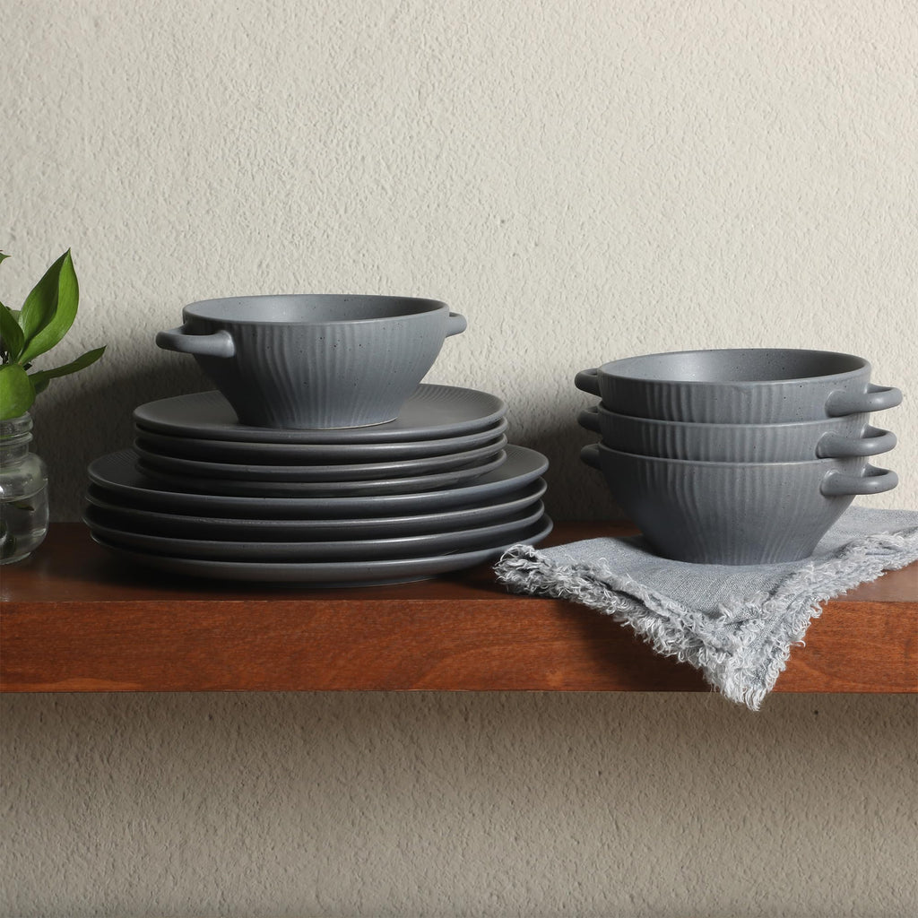 Gibson Elite Clover Hill 12-Piece Stoneware Dinnerware Set – Dark Blue Embossed Plates and Bowls with Matte Speckled Reactive Glaze, Service for 4 – Microwave & Dishwasher Safe