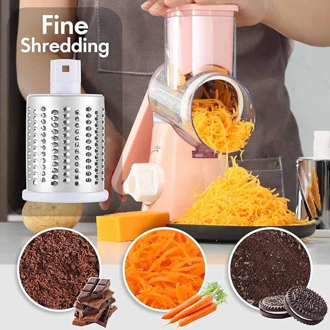 Ancevsk Rotary Cheese Grater with Handle, Round Mandoline Speed Kitchen Slicer, 3 in 1 Multifunctional Vegetable Shredder Manual Nut Grinder for Nuts, Potato, Carrot, Cucumber (Pink)