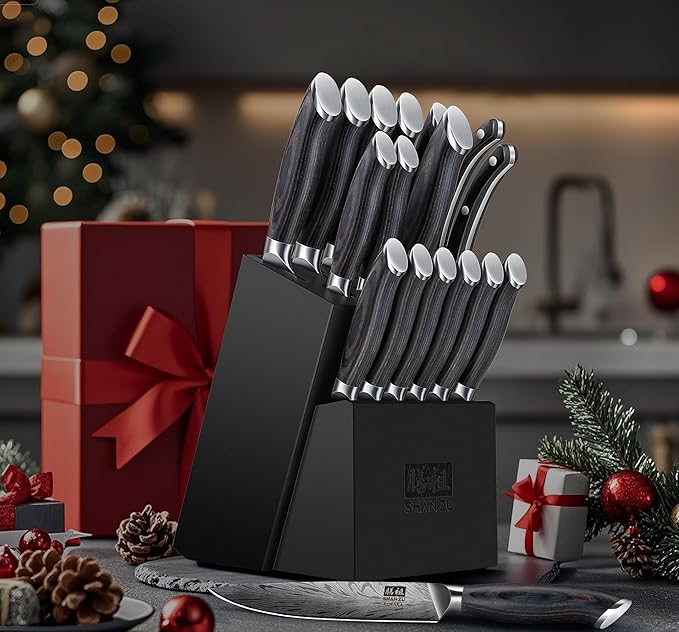 SHAN ZU 16 Pieces Knife Set, Knife Block Set in Powder Steel