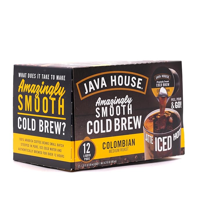 JAVA HOUSE Medium Roast Colombian Cold Brew Capsules, 1.35 Fluid Ounces (48 Count) Peel and Pour, TSA Approved, Travel Friendly Cold Brew, Hot or Iced, Instant Coffee Concentrate