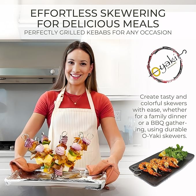 O-Yaki Flat Metal Kabob Skewer for Grilling Set of 8 BBQ Skewers Stainless Steel with Storage Bag, Dishwasher Safe with Hook Handle & Sharp Tip for BBQ, Cookouts & Oven Use 12 Inch