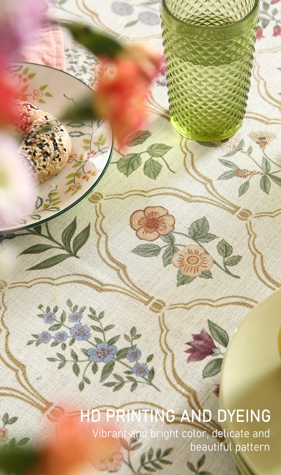 ISAENNE Designer Vintage Linen Rectangular Tablecloth,110"x63"-Serenity B