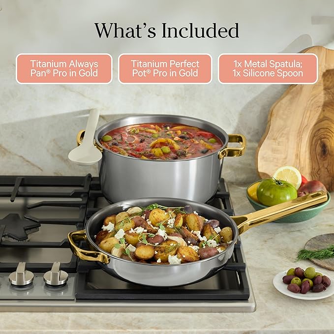 Our Place Titanium Pro Cookware Duo | 6-Piece Tri-Ply Titanium Cookware Set with Always Pan Pro & Perfect Pot Pro | Non-Toxic No-Coating Nonstick | Induction & Oven-Safe up to 750°F | Gold