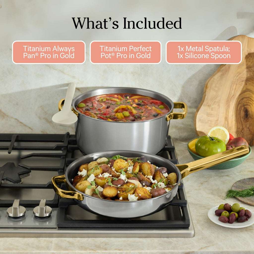 Our Place Titanium Pro Cookware Duo | 6-Piece Tri-Ply Titanium Cookware Set with Always Pan Pro & Perfect Pot Pro | Non-Toxic No-Coating Nonstick | Induction & Oven-Safe up to 750°F | Gold