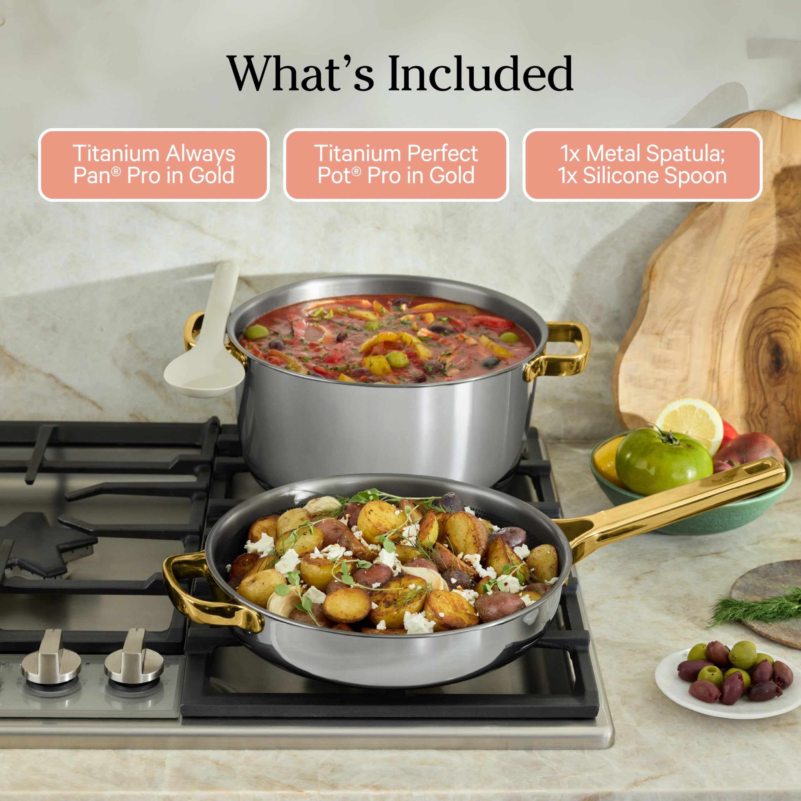 Our Place Titanium Pro Cookware Duo | 6-Piece Tri-Ply Titanium Cookware Set with Always Pan Pro & Perfect Pot Pro | Non-Toxic No-Coating Nonstick | Induction & Oven-Safe up to 750°F | Gold