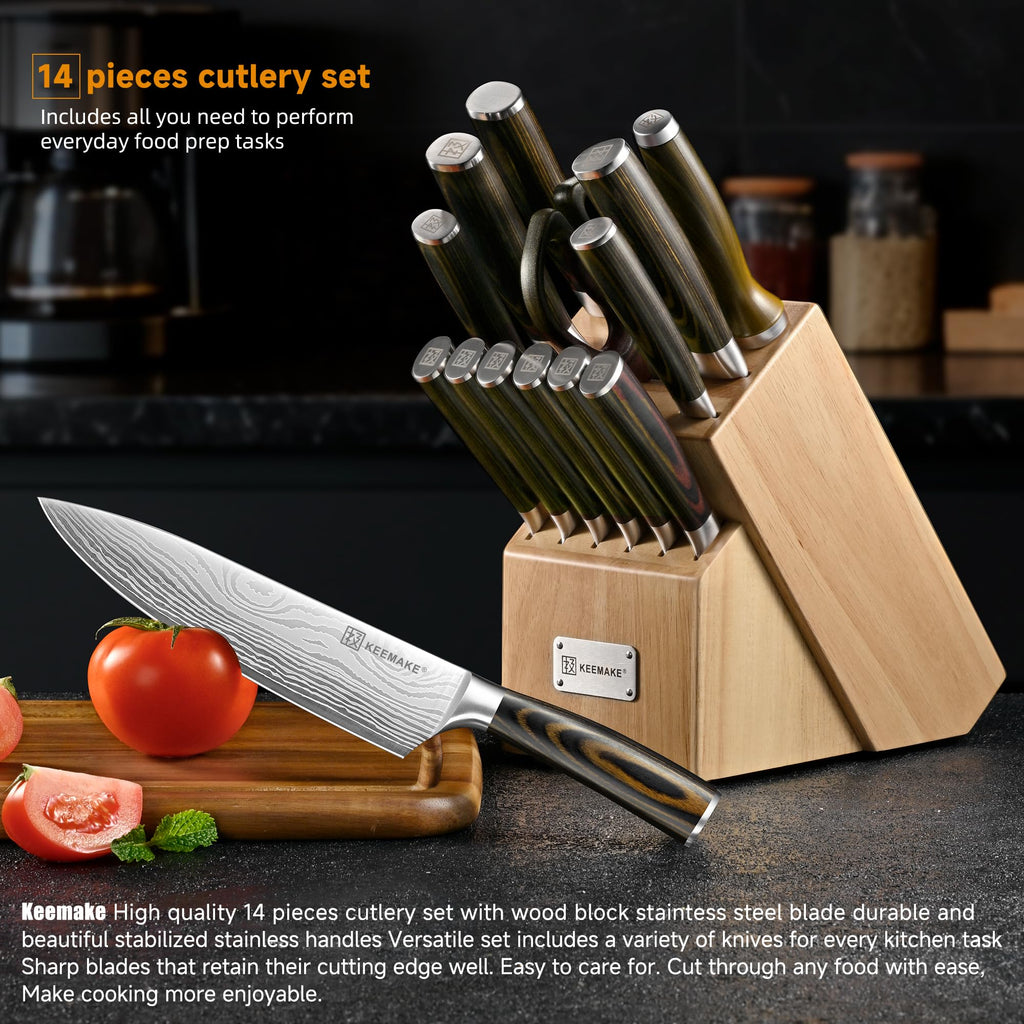 KEEMAKE 14 Piece Kitchen Knife Set with Wood Block