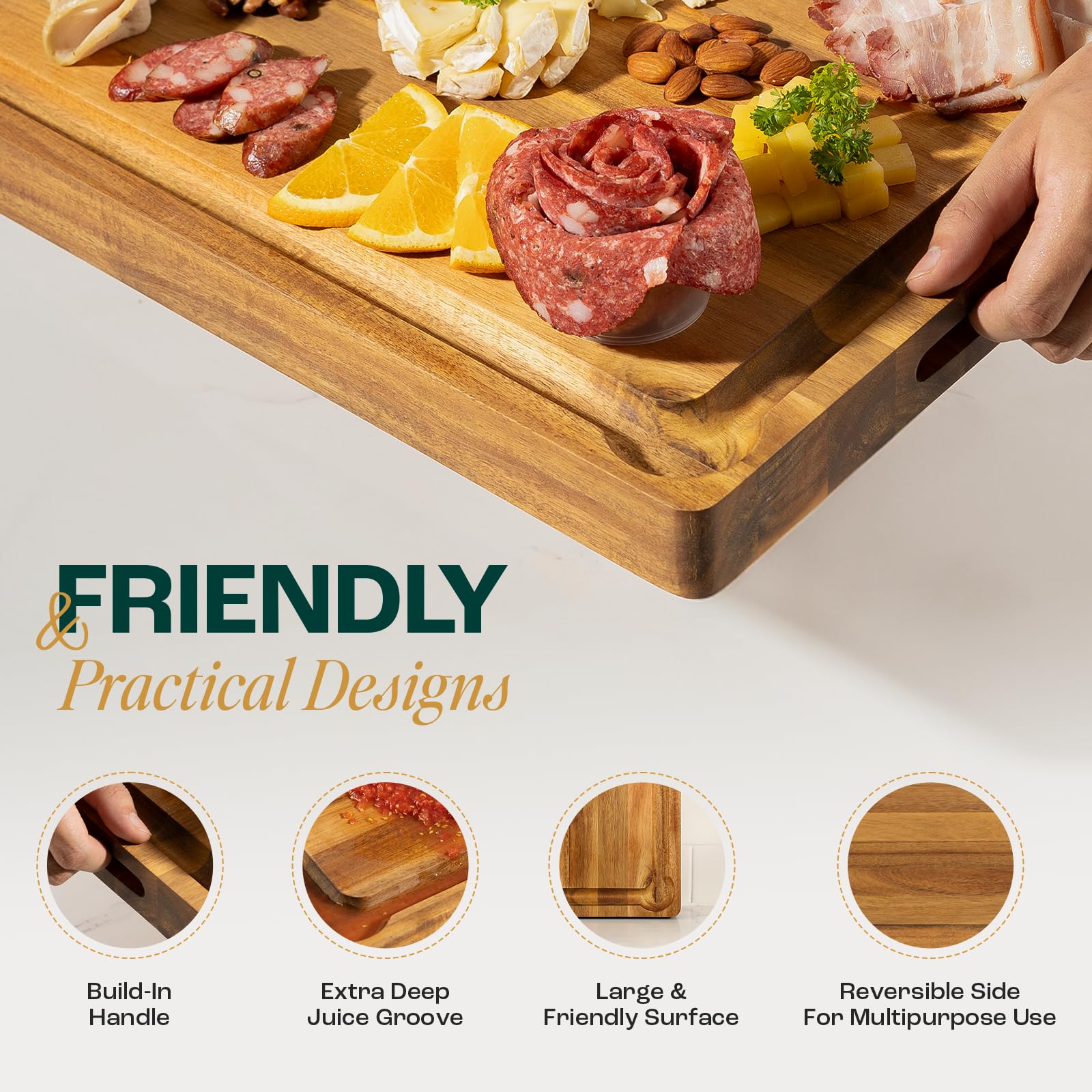 Yes4All Durable Acacia Cutting Boards for Kitchen, [17''Lx13''Wx1.5” Thick] Medium Edge Grain Cutting Board, Pre Oiled Wood Cutting Boards, Thick Chopping Board w/Juice Grooves and Easy Grip Handle