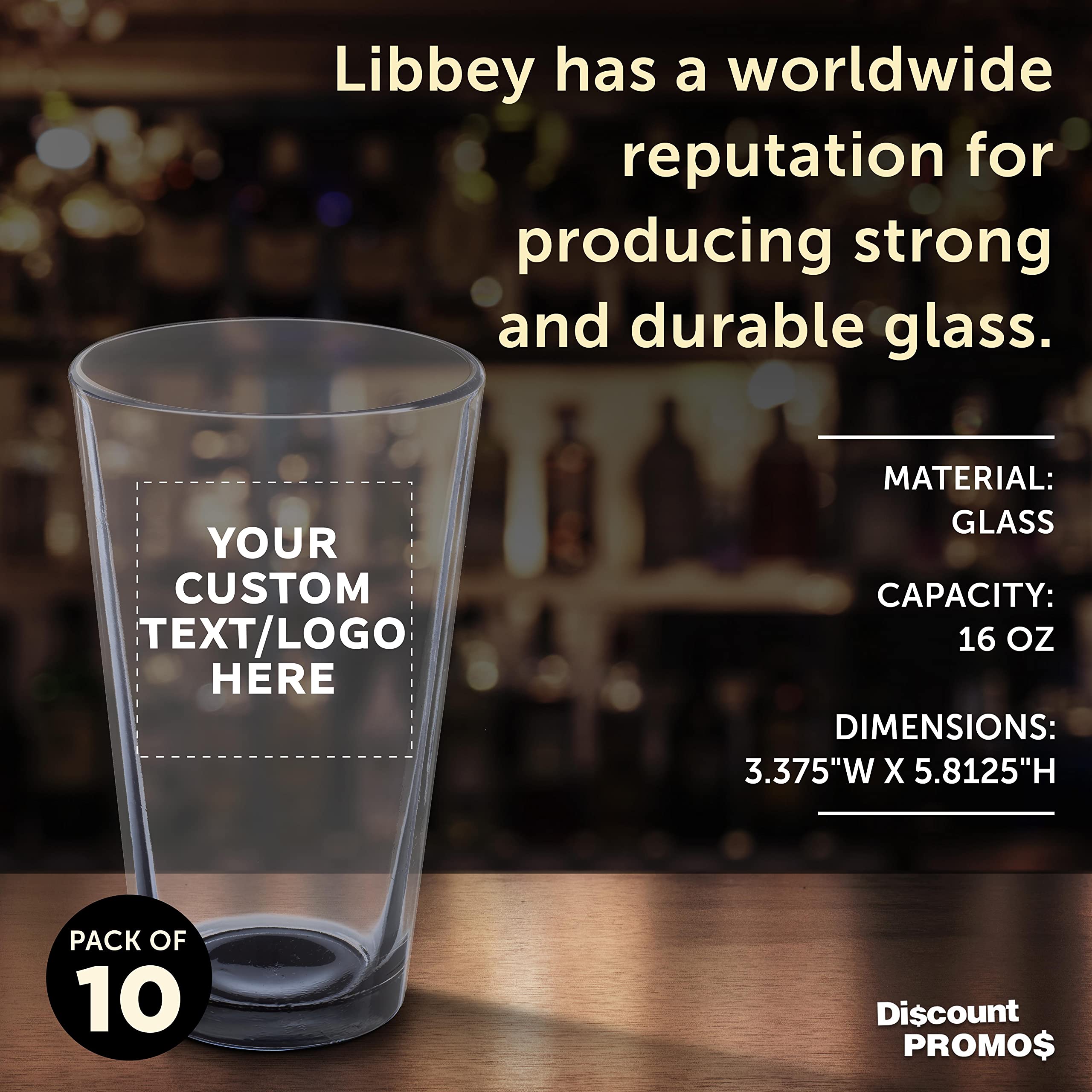 Custom Libbey Pint Glass 16 oz. Set of 10, Personalized Bulk Pack - Beer Glasses, Heavy Duty Drinkware - Black