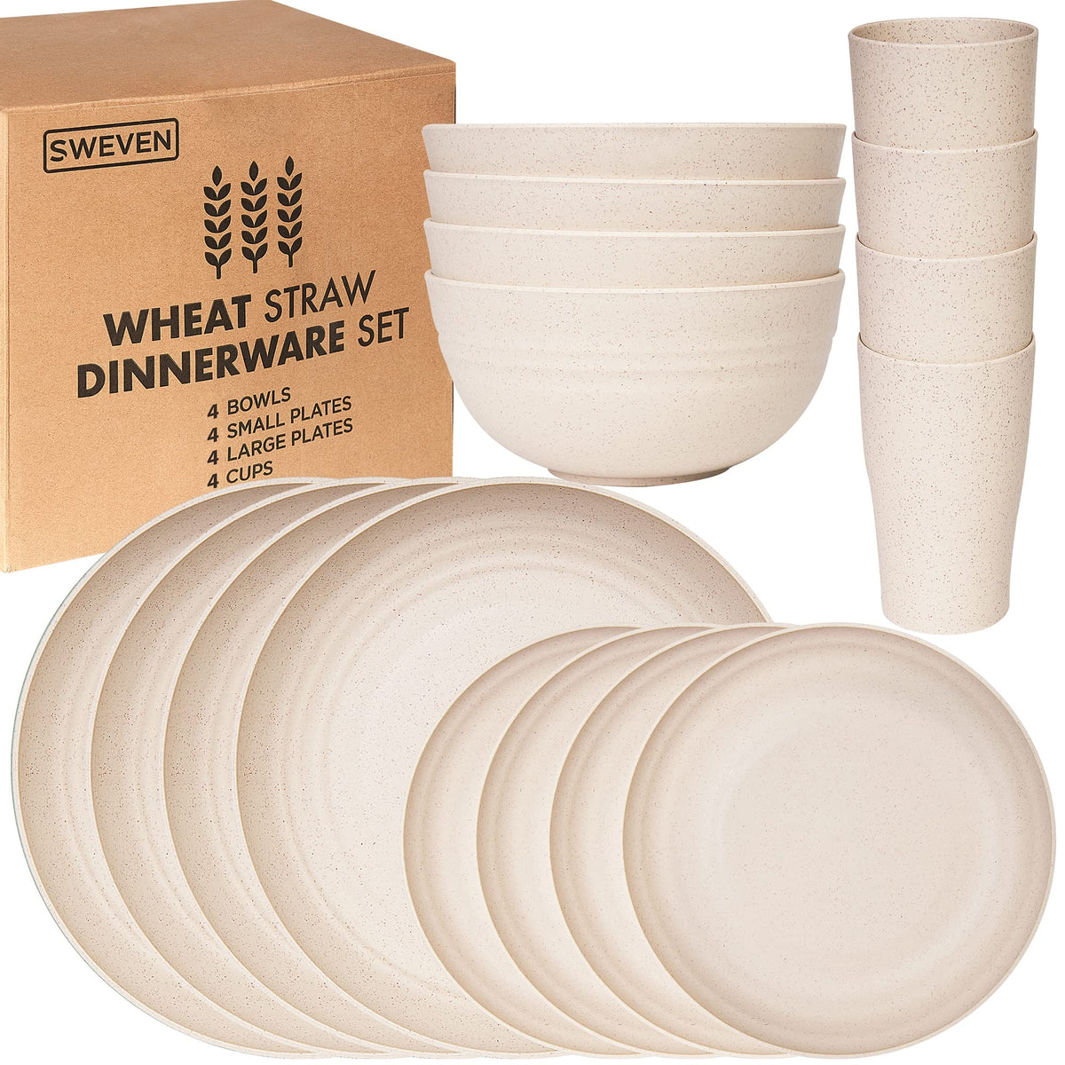 Wheat Straw Dinnerware Sets | Unbreakable Dinnerware Sets | Dishwasher Microwave Safe Dinnerware | Eco Friendly Non Breakable Dinnerware Sets | RV Outdoor Camping (Black, Service for 4 (16 pcs))