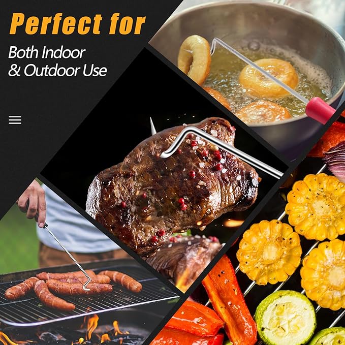 2Pcs Food Flipper Turner Hooks Stainless Steel BBQ Meat Hooks Cooking Barbecue Turners Hooks Grill Accessories with Handle for Grilling & Smoking