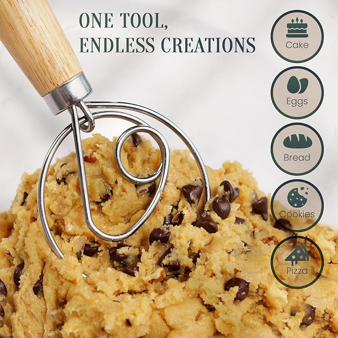 Danish Dough Whisk for Sourdough Bread, 13-Inch Bread Whisk with Wooden Handle, Stainless Steel Single Loop Dough Mixer and Sourdough Whisk for Bread Making, Pizza Dough, Batter and Pastry