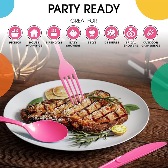 Party Solids Cerise Plastic Silverware Heavy Duty 150 Pieces Cerise Disposable Silverware Heavy Duty, Utensil Sets, 50 Of Each Forks, Knives & Spoons Disposable Cutlery Set For Party Supplies